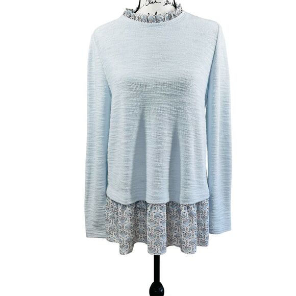 Loft Women's Size Medium Mosaic Boucle Mixed Media Sweatshirt Blue boho - Picture 1 of 13